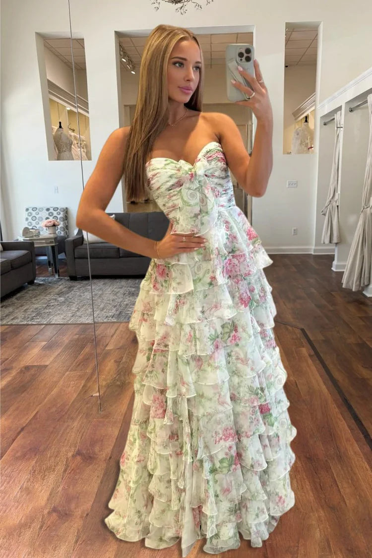 Romantic Fitted A-Line Sweetheart Neck Strapless Lace-Up Back Tiered Ruffle Floral Print Prom Dresses