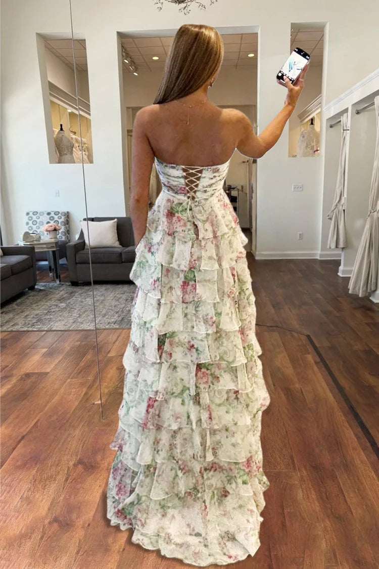 Romantic Fitted A-Line Sweetheart Neck Strapless Lace-Up Back Tiered Ruffle Floral Print Prom Dresses