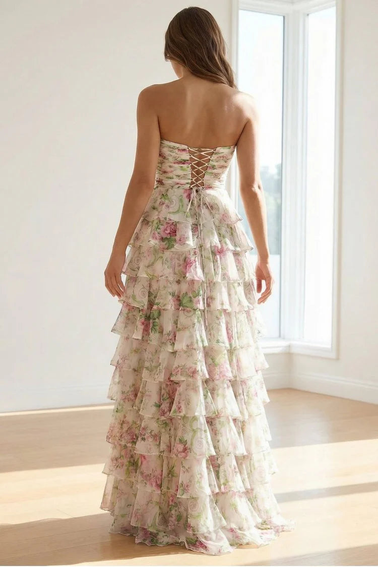 Romantic Fitted A-Line Sweetheart Neck Strapless Lace-Up Back Tiered Ruffle Floral Print Prom Dresses
