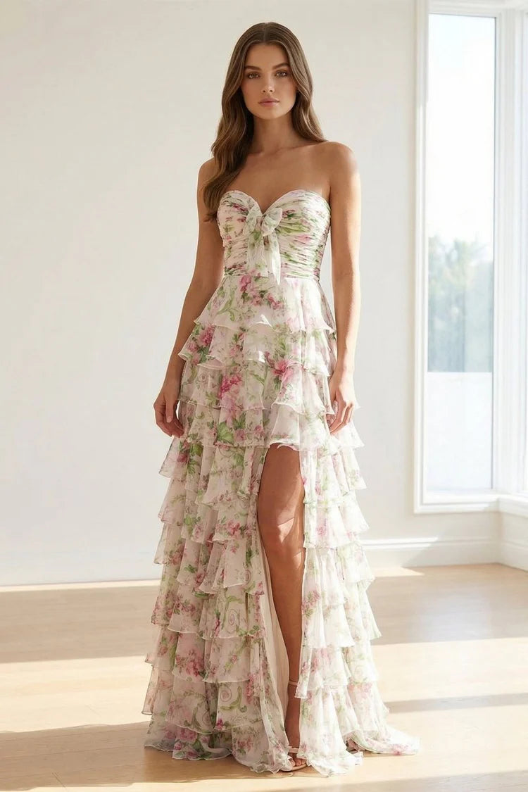 Romantic Fitted A-Line Sweetheart Neck Strapless Lace-Up Back Tiered Ruffle Floral Print Prom Dresses