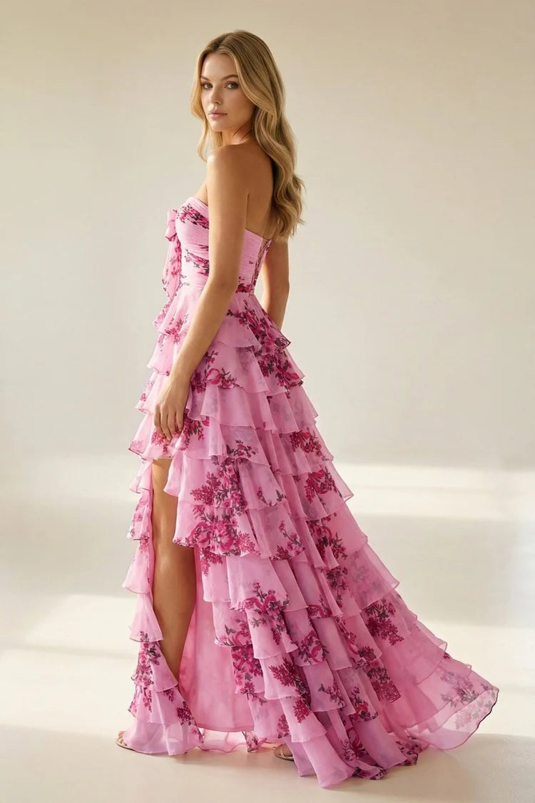Romantic Fitted A-Line Sweetheart Neck Strapless Lace-Up Back Tiered Ruffle Floral Print Prom Dresses