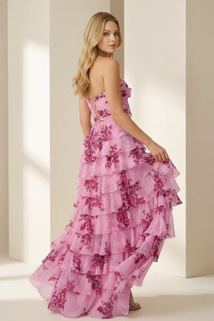 Romantic Fitted A-Line Sweetheart Neck Strapless Lace-Up Back Tiered Ruffle Floral Print Prom Dresses