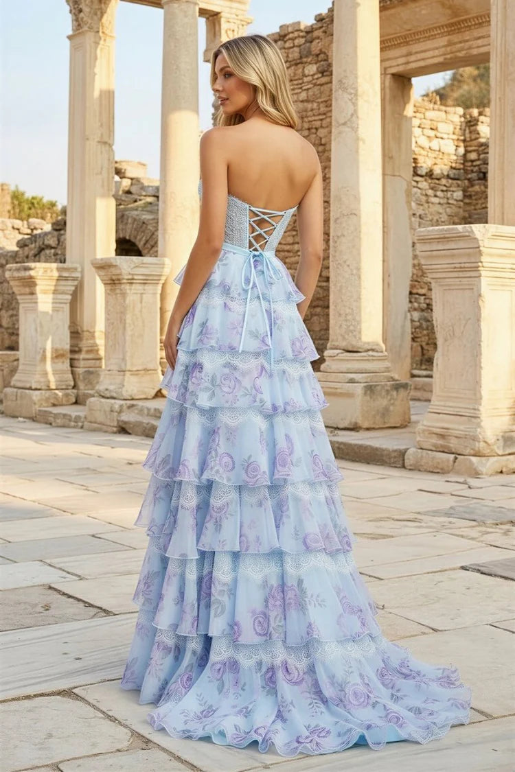 Romantic Fitted A-Line Sweetheart Neck Strapless Lace-Up Corset Back Tiered Ruffle Skirt Floral Print Prom Dresses