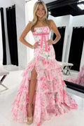 Pink Chiffon Mermaid Floor-Length Evening Dress with Tiered Ruffles