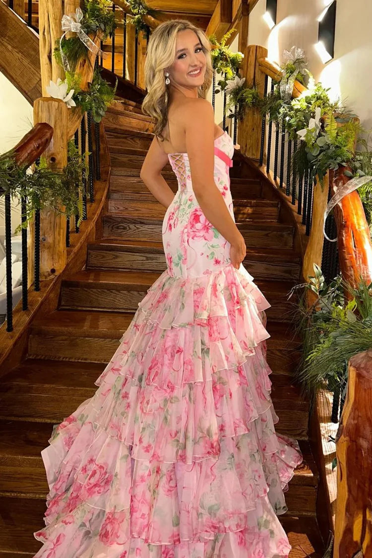 Romantic Fitted Mermaid Sweetheart Neck Strapless Lace-Up Back Tiered Ruffle Floral Print Prom Dresses