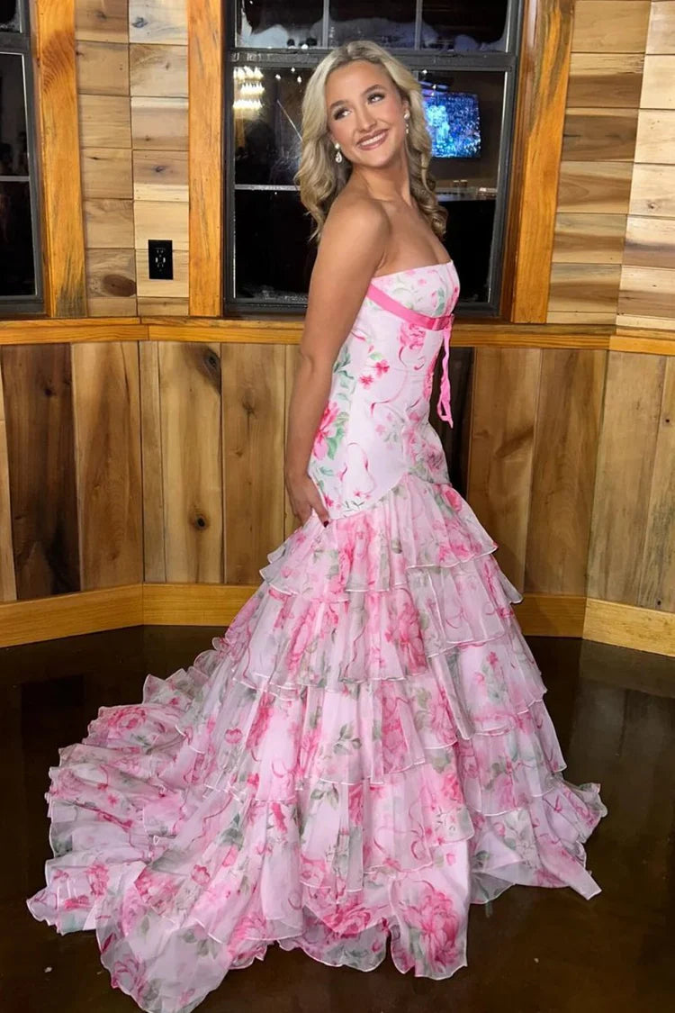 Romantic Fitted Mermaid Sweetheart Neck Strapless Lace-Up Back Tiered Ruffle Floral Print Prom Dresses