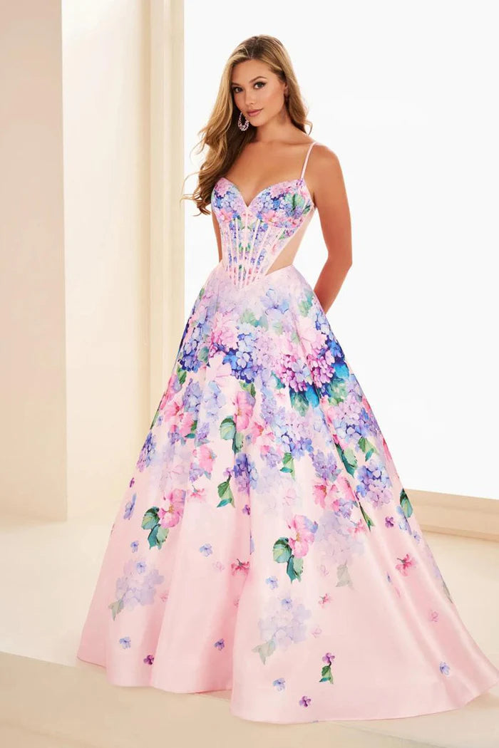 Romantic Floral Ball Gown Sweetheart Neck Spaghetti Straps Lace-Up Back Floor-Length Prom Dress