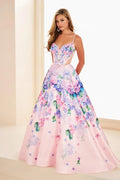 Pink Satin A-Line Floor-Length Dress with Sweetheart Neckline, Corset Bodice & Floral Print