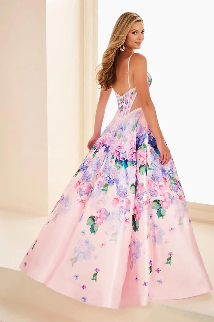 Romantic Floral Ball Gown Sweetheart Neck Spaghetti Straps Lace-Up Back Floor-Length Prom Dress
