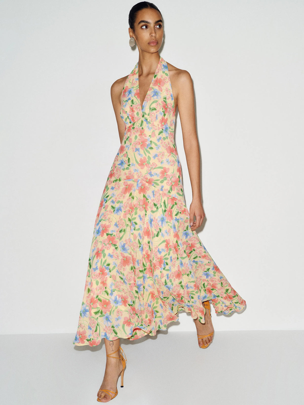 Butter Chiffon Halter neckline A-Line Midi Dress with Backless