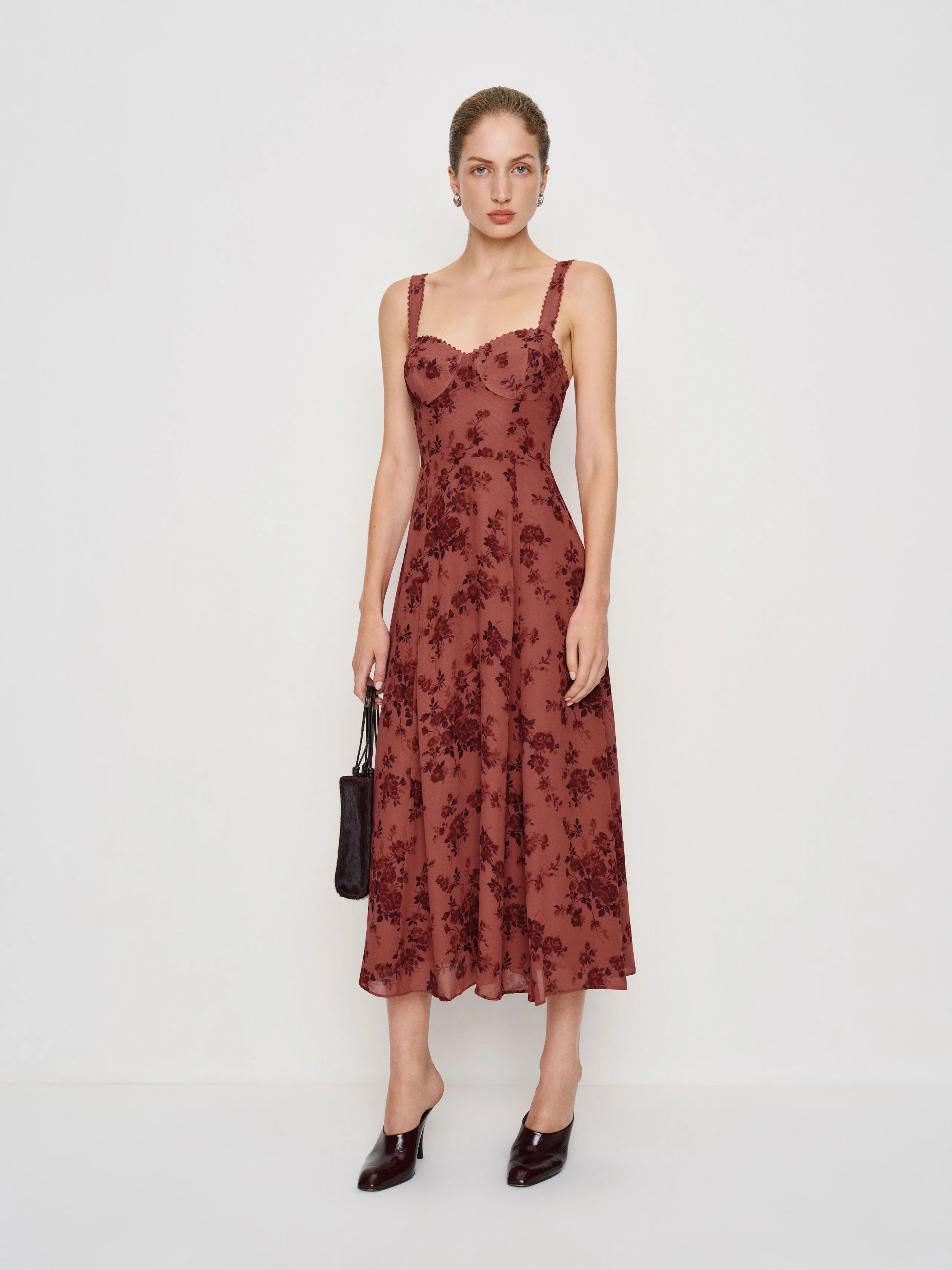 Romantic Floral Chiffon A-Line Sweetheart Neck Spaghetti Strap Open Back Midi Prom Dresses