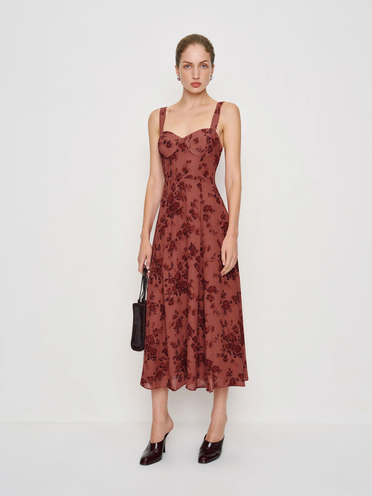 Rust Chiffon A-Line Midi Dress with Scalloped Sweetheart Neckline