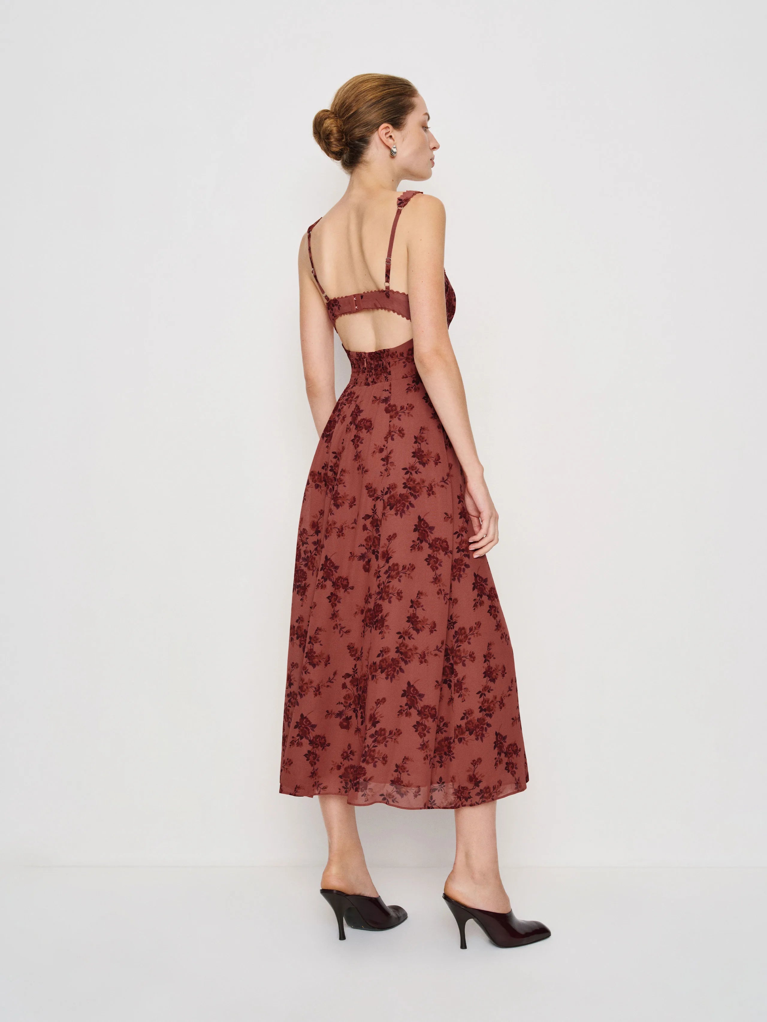 Romantic Floral Chiffon A-Line Sweetheart Neck Spaghetti Strap Open Back Midi Prom Dresses