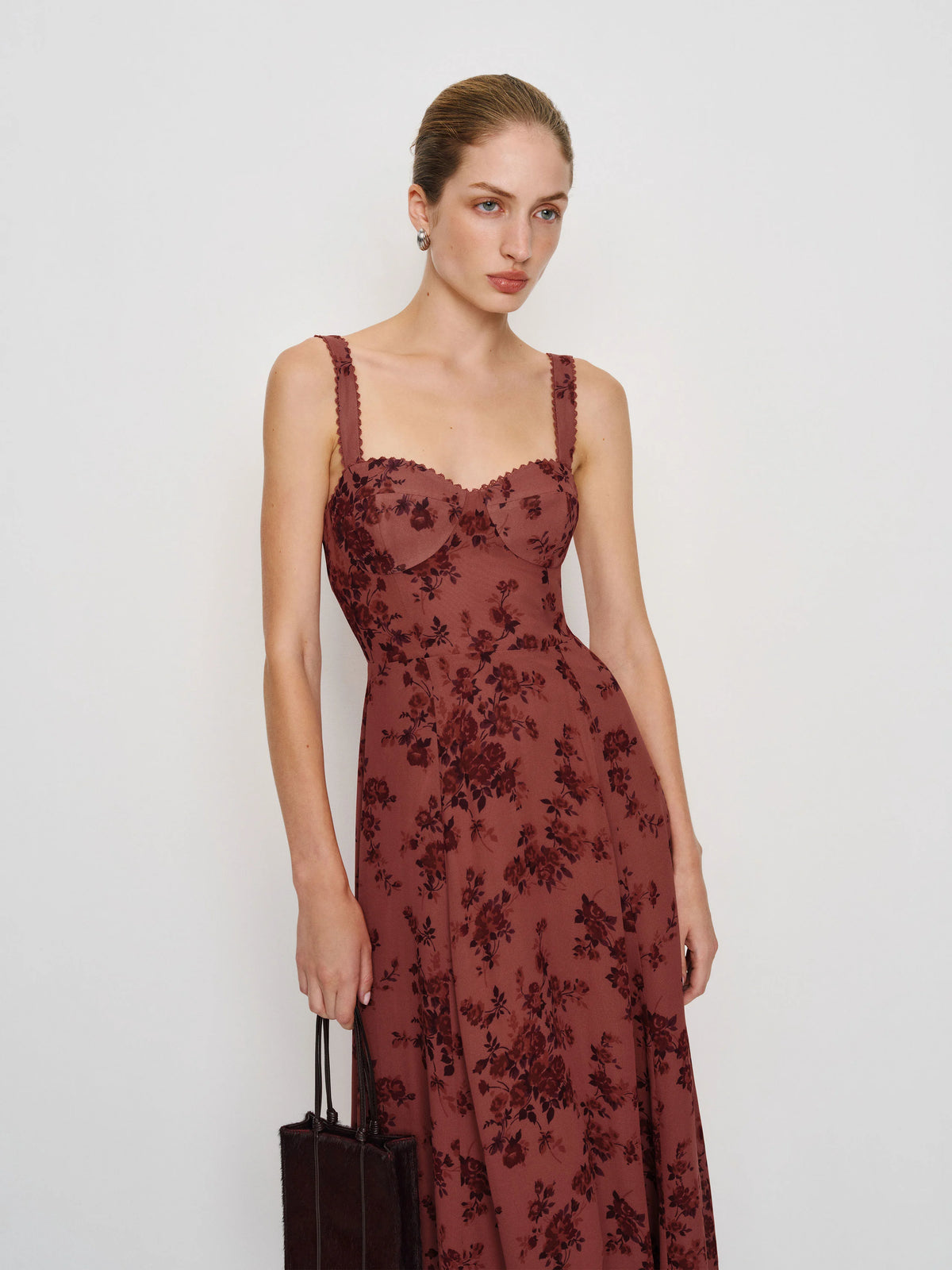 Rust Chiffon A-Line Midi Dress with Scalloped Sweetheart Neckline