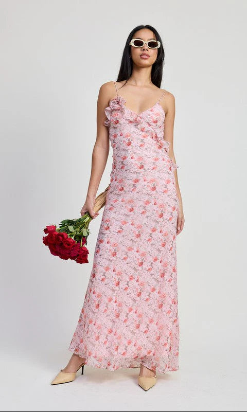 Romantic Floral Chiffon Sheath V-Neck Spaghetti Strap Open Back Maxi Prom Dresses