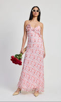 Blushing Pink Chiffon A-Line Floor-Length Floral Print V-Neck Dress
