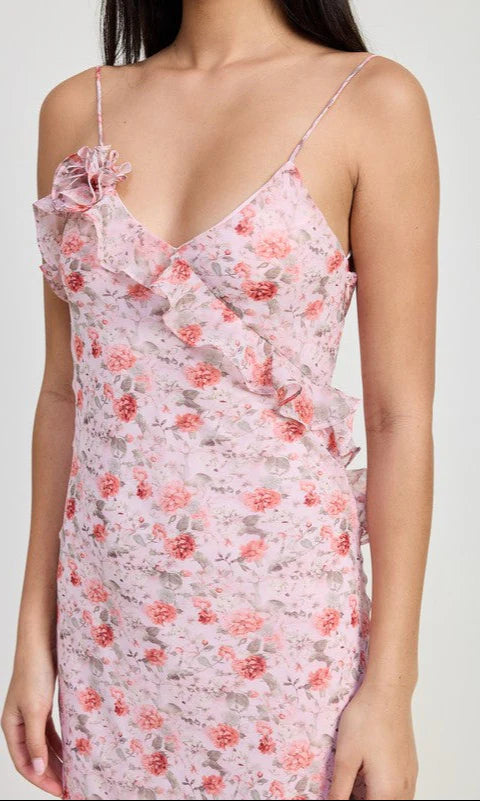 Romantic Floral Chiffon Sheath V-Neck Spaghetti Strap Open Back Maxi Prom Dresses