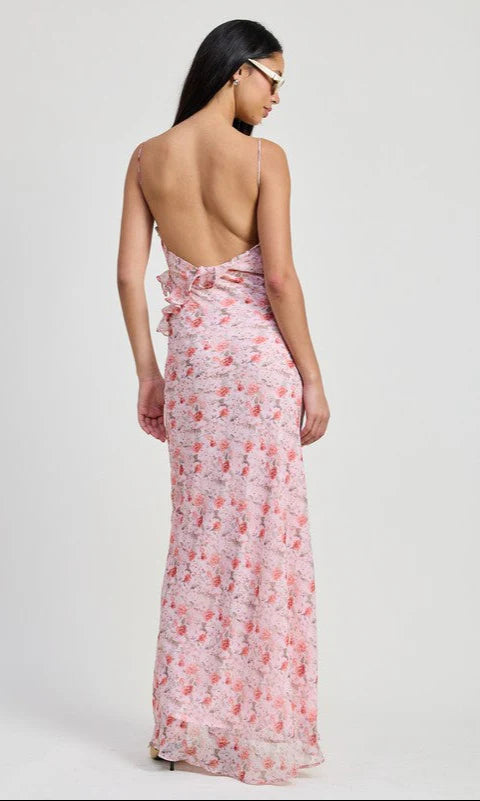 Romantic Floral Chiffon Sheath V-Neck Spaghetti Strap Open Back Maxi Prom Dresses