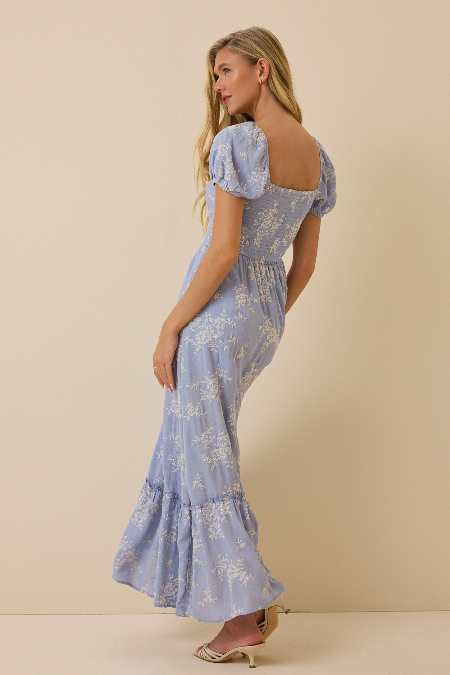 Romantic Floral Embroidered Puff-Sleeve Sweetheart Neck Tiered Maxi Prom Dresses