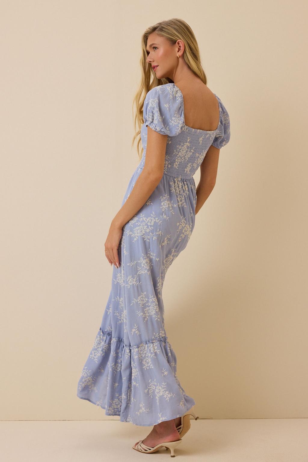 Dusty Blue Chiffon A-Line Floor-Length Dress with Sweetheart Neckline, Floral Embroidery & Shirred Bodice
