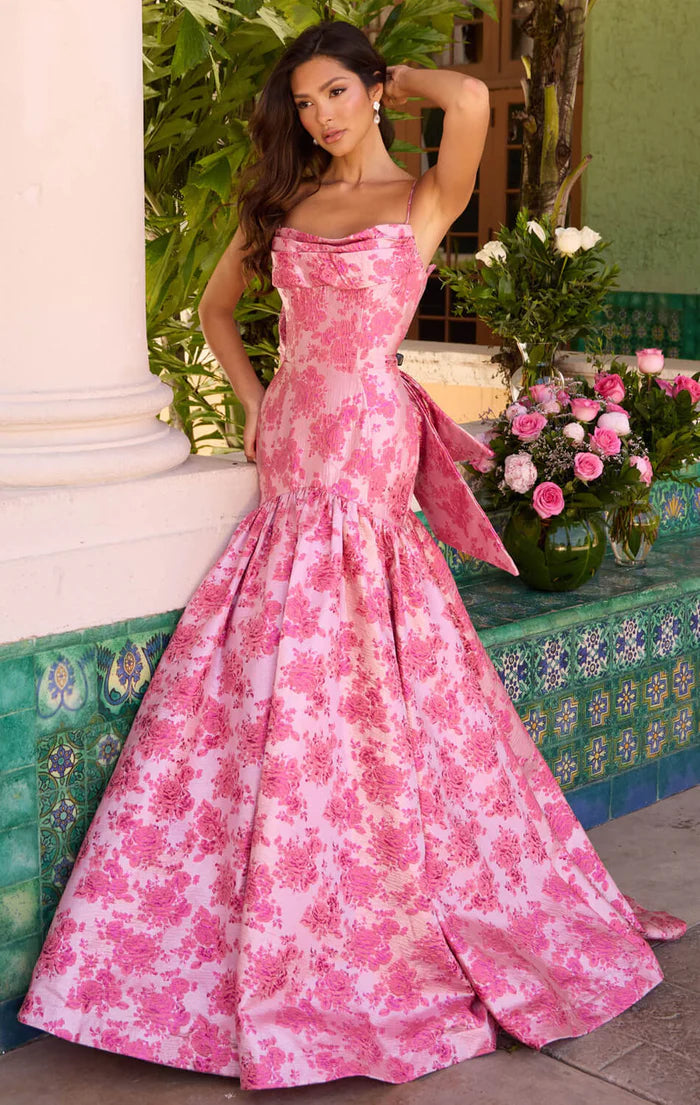 Romantic Floral Jacquard Mermaid Gown Cowl Neck Spaghetti Straps Lace-Up Back Sweep Train Prom Dress