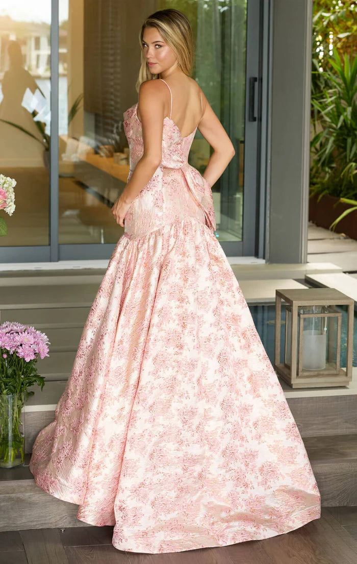 Romantic Floral Jacquard Mermaid Gown Cowl Neck Spaghetti Straps Lace-Up Back Sweep Train Prom Dress
