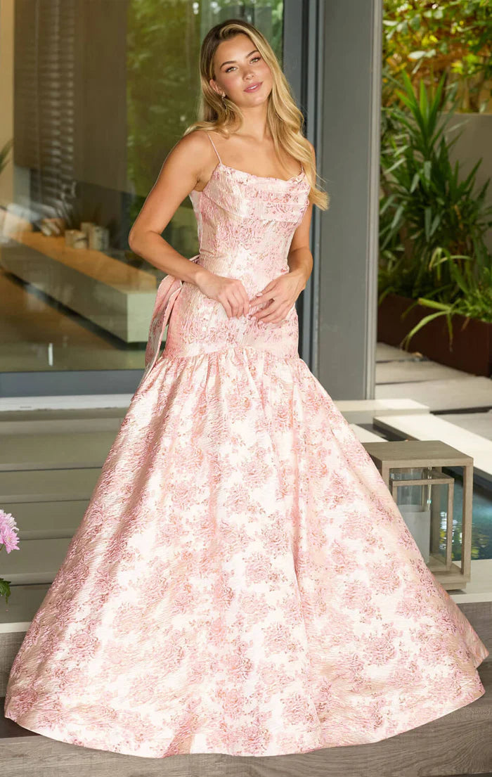 Romantic Floral Jacquard Mermaid Gown Cowl Neck Spaghetti Straps Lace-Up Back Sweep Train Prom Dress
