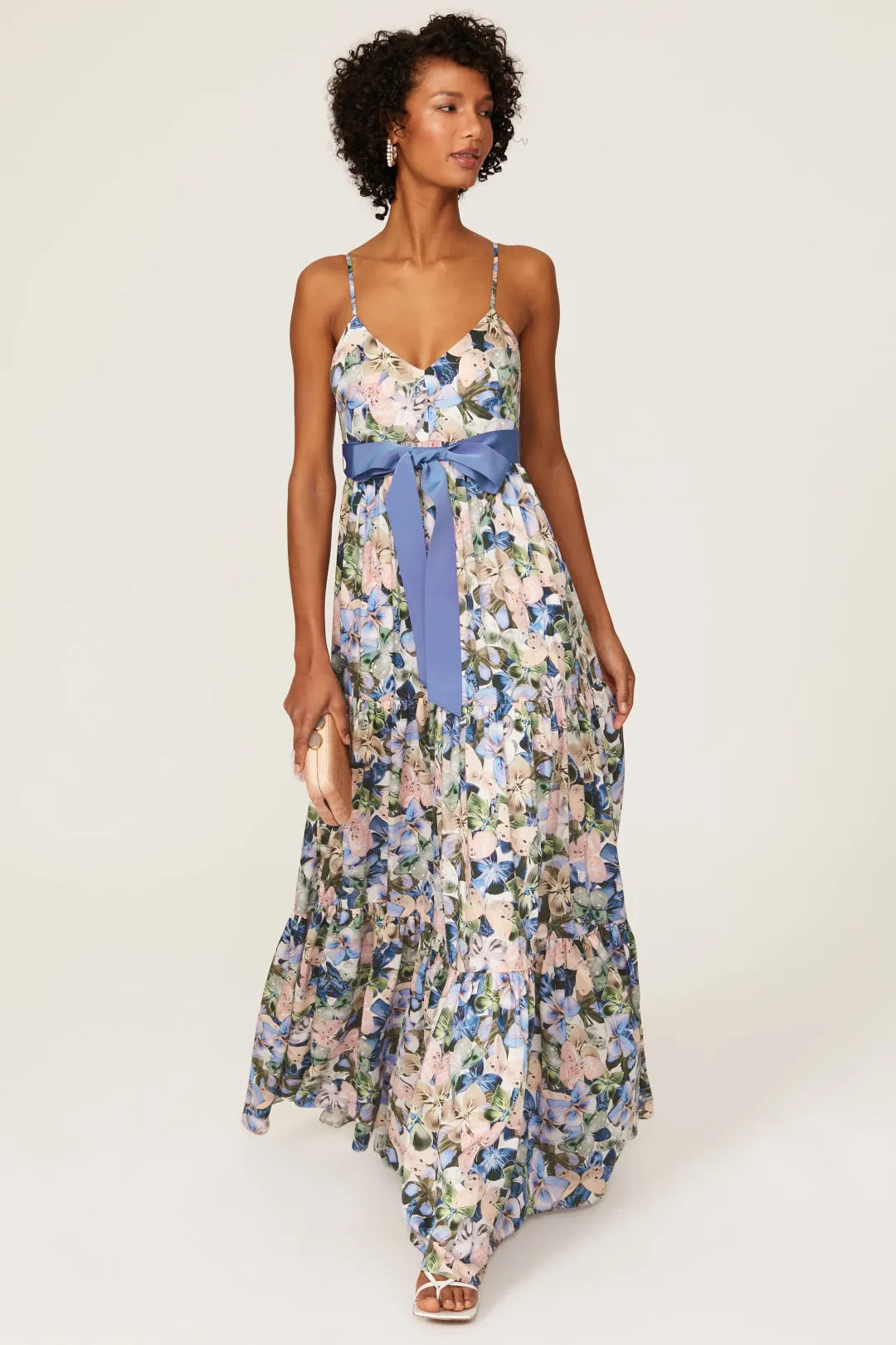 Romantic Floral Print ALine VNeck Spaghetti Strap Back Zip Floor Length Prom Dress
