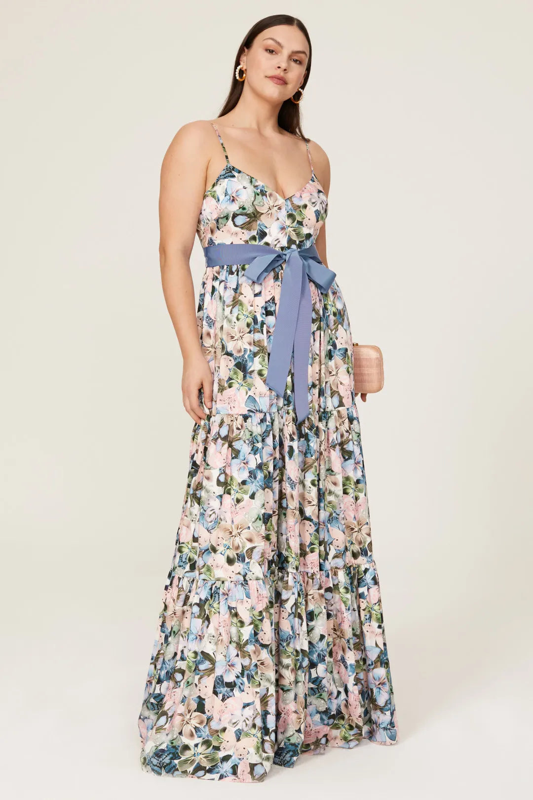 Romantic Floral Print ALine VNeck Spaghetti Strap Back Zip Floor Length Prom Dress