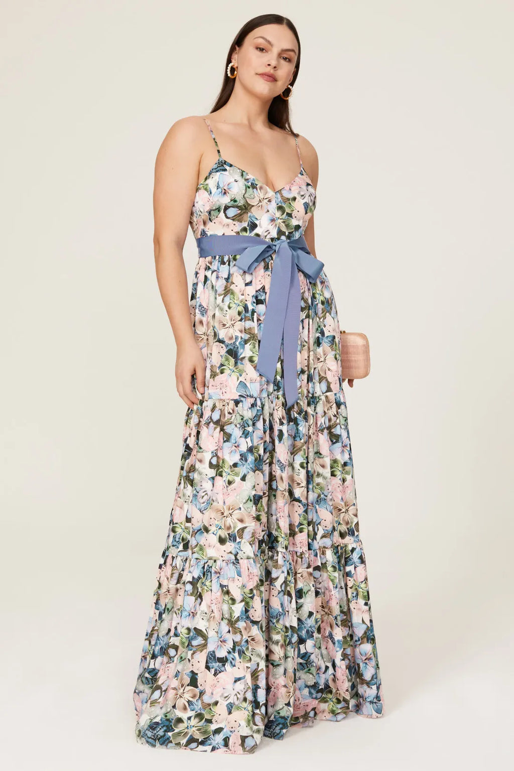 Blue Chiffon A-Line Floor-Length V-Neck Floral Print Bridesmaid Dress