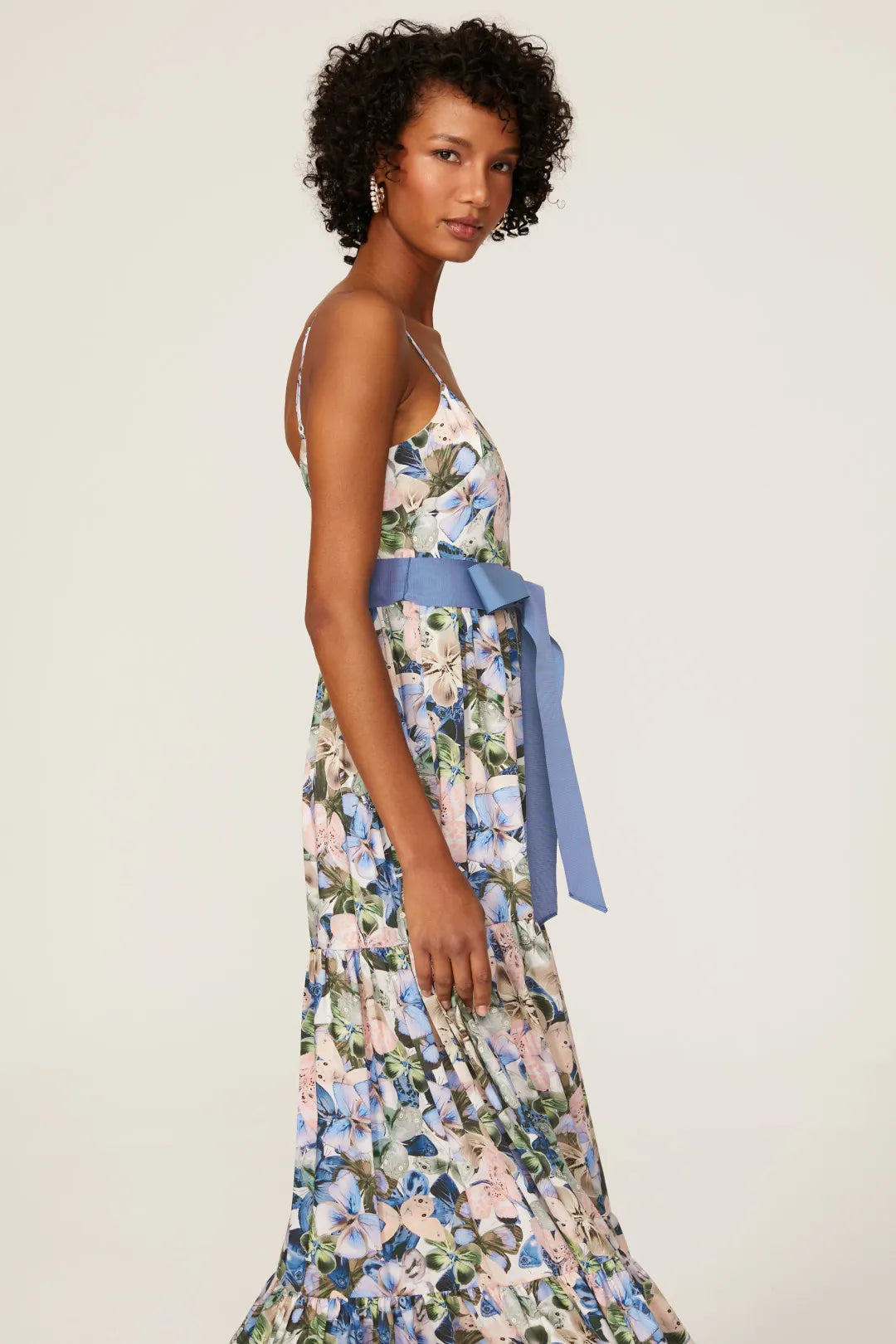 Romantic Floral Print ALine VNeck Spaghetti Strap Back Zip Floor Length Prom Dress