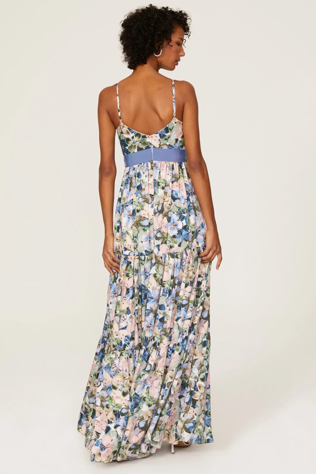 Romantic Floral Print ALine VNeck Spaghetti Strap Back Zip Floor Length Prom Dress