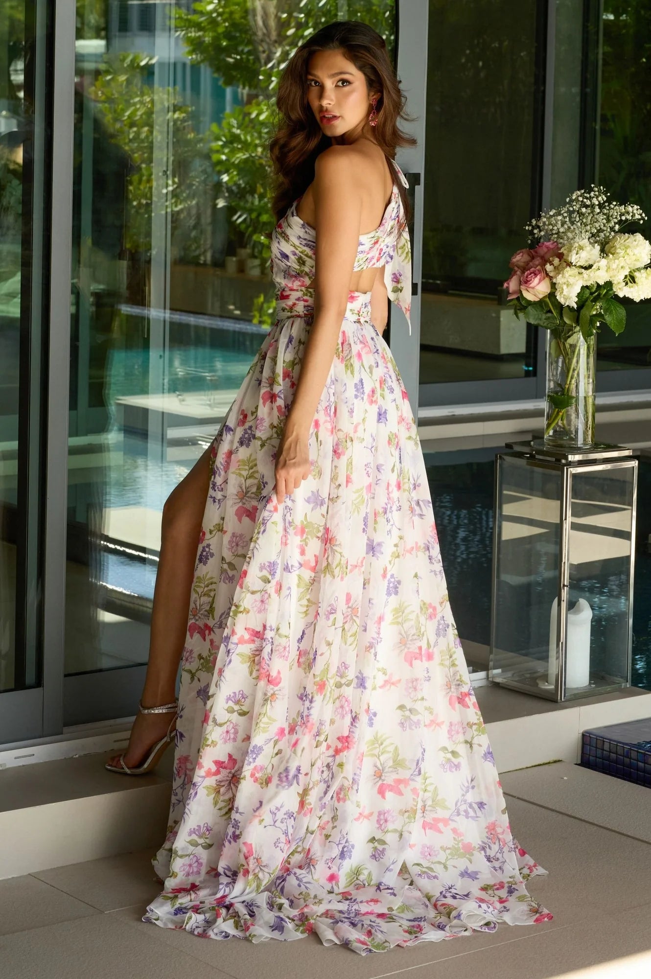 Romantic Floral Print Chiffon A-Line One-Shoulder Cutout High Slit Maxi Prom Dresses