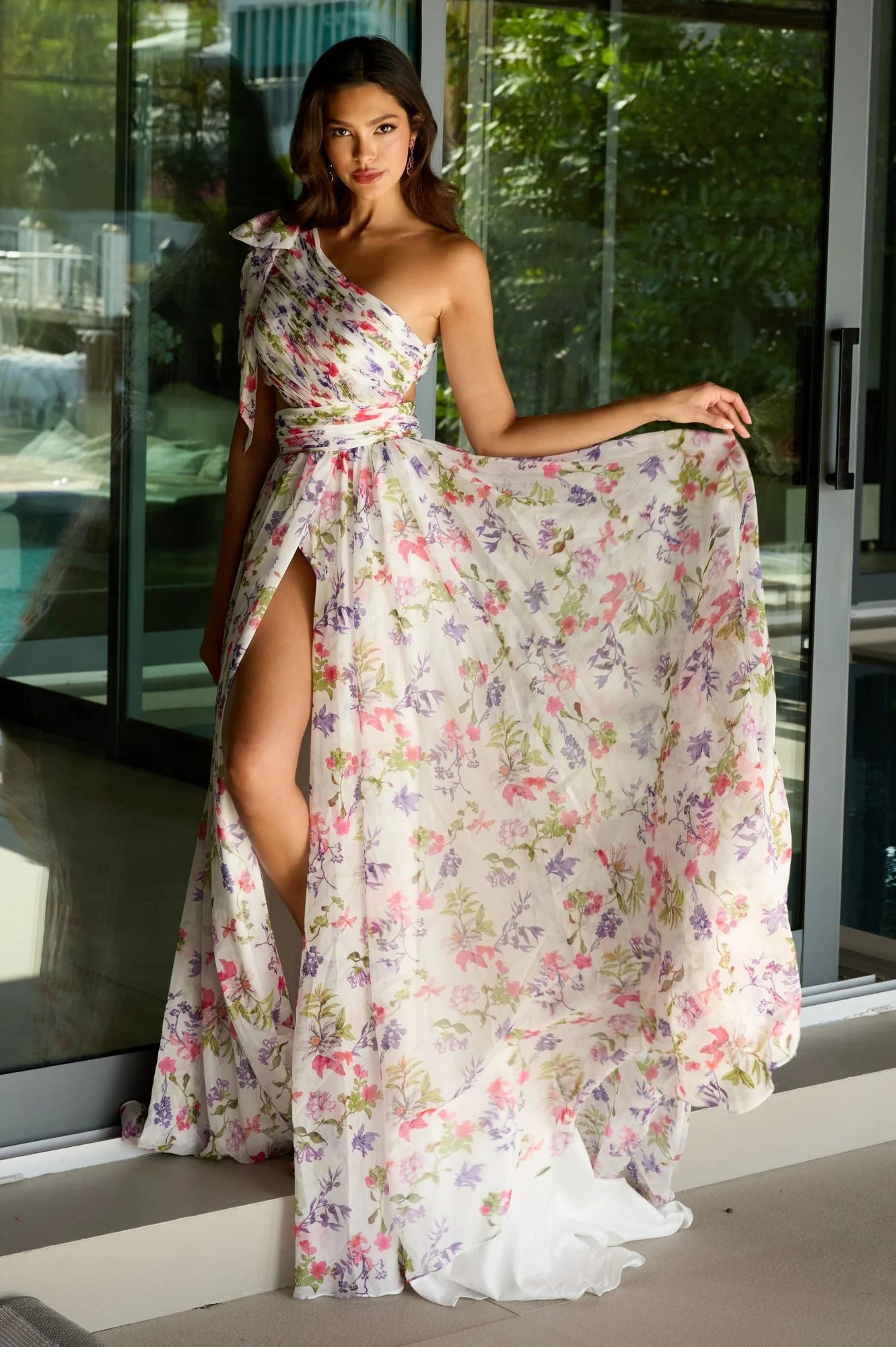 Romantic Floral Print Chiffon A-Line One-Shoulder Cutout High Slit Maxi Prom Dresses