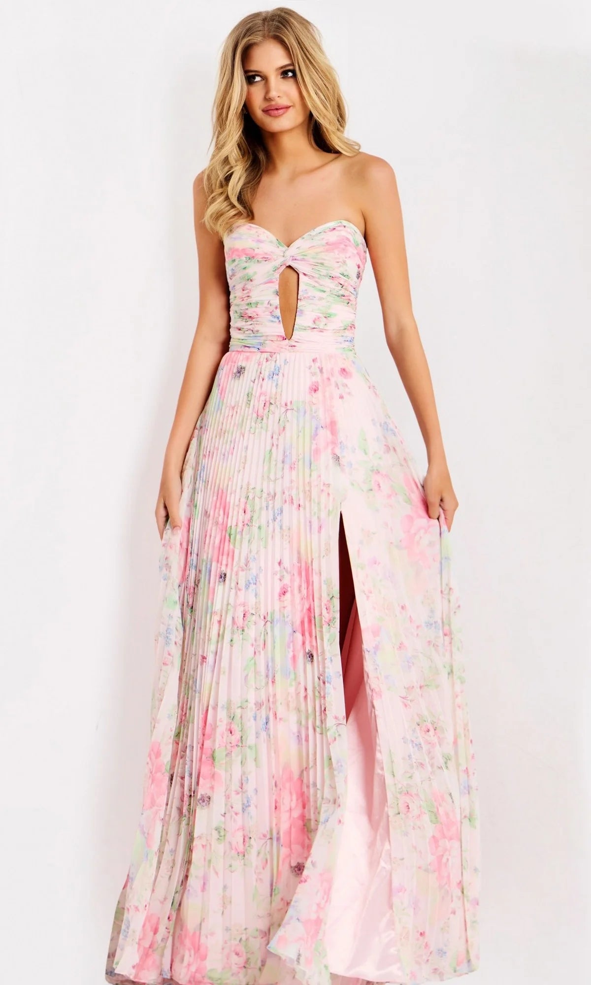 Romantic Floral Print Chiffon A-Line Strapless Sweetheart Neck Keyhole Detail Prom Dresses