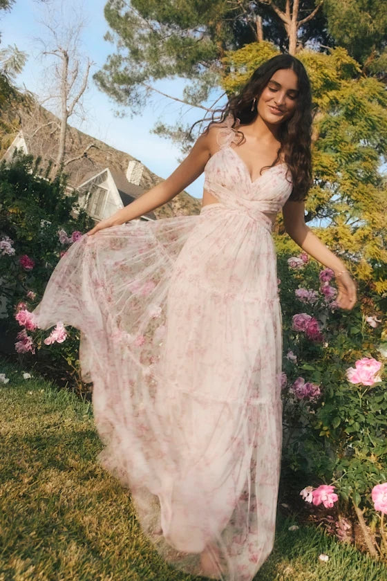Romantic Floral Print Chiffon Maxi Deep V-Neck Ruffle Strap Sleeveless Tie Back Prom Dresses