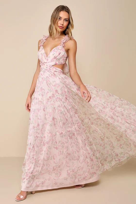 Romantic Floral Print Chiffon Maxi Deep V-Neck Ruffle Strap Sleeveless Tie Back Prom Dresses