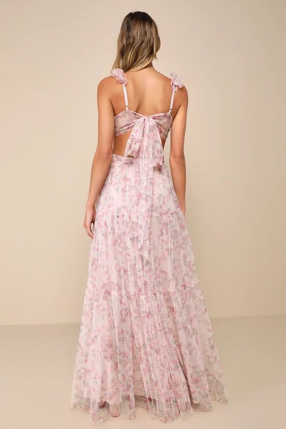 Romantic Floral Print Chiffon Maxi Deep V-Neck Ruffle Strap Sleeveless Tie Back Prom Dresses