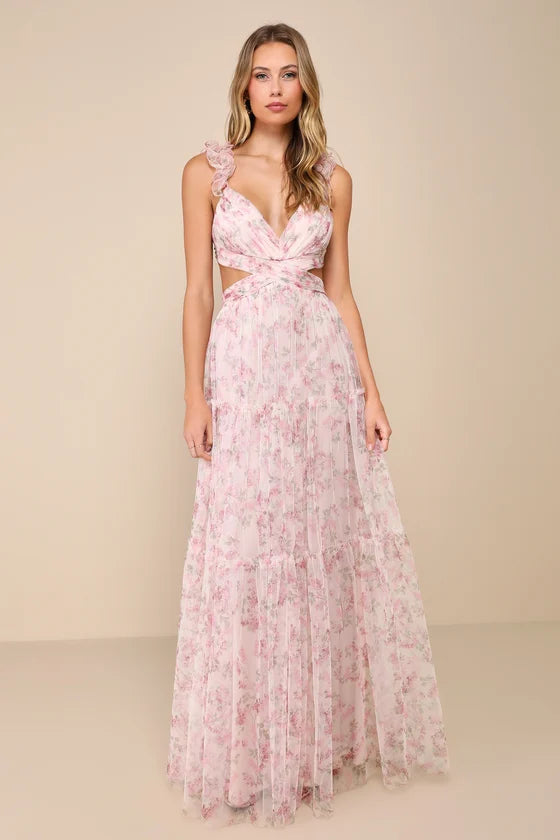 Romantic Floral Print Chiffon Maxi Deep V-Neck Ruffle Strap Sleeveless Tie Back Prom Dresses
