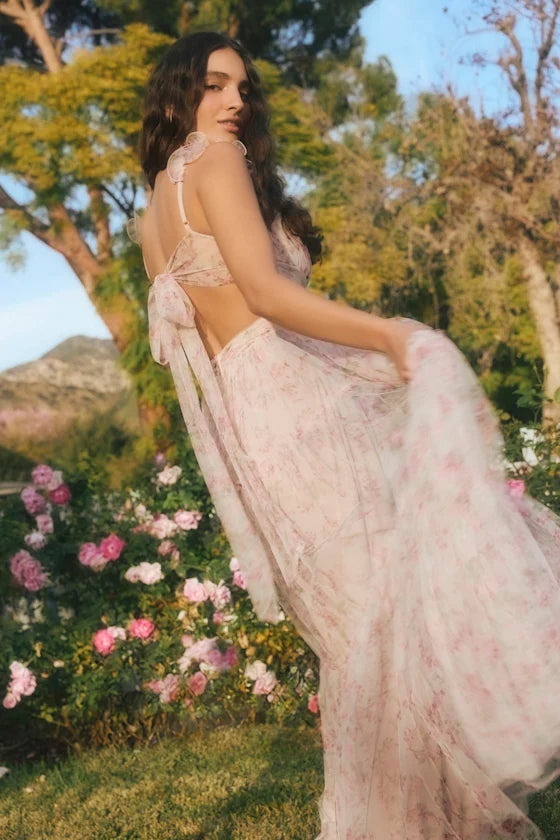 Romantic Floral Print Chiffon Maxi Deep V-Neck Ruffle Strap Sleeveless Tie Back Prom Dresses