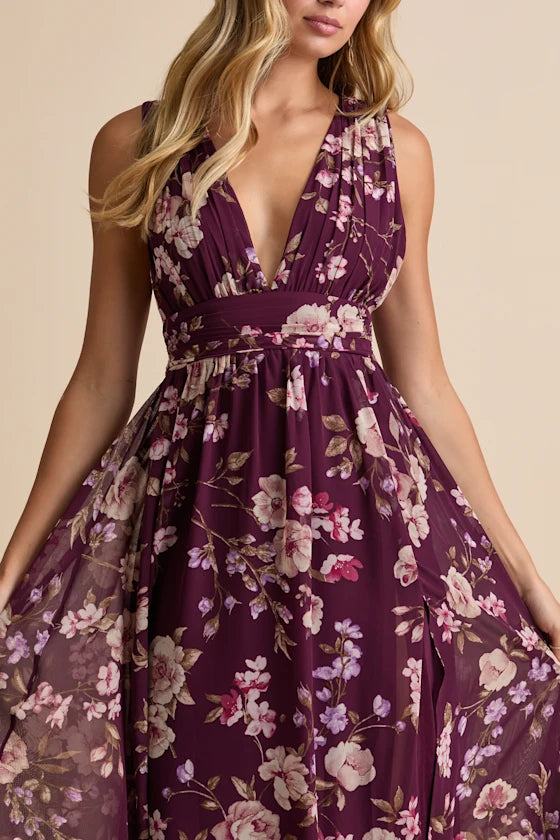 Romantic Floral Print Chiffon Maxi Deep V-Neck Sleeveless Open Back Slit Detail Prom Dresses