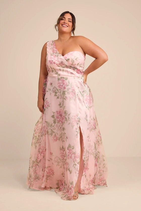 Romantic Floral Print Chiffon Maxi One-Shoulder Sleeveless High Slit Prom Dresses