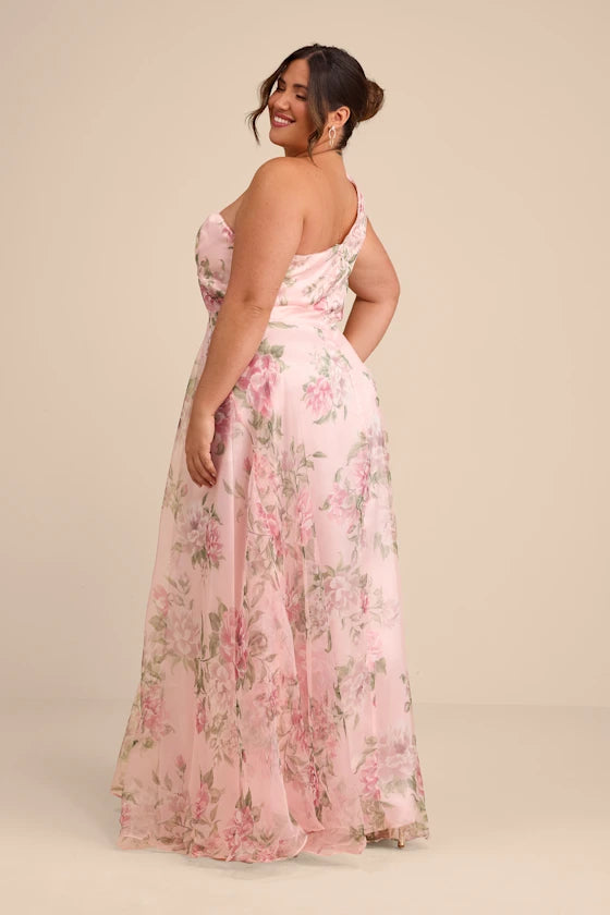 Romantic Floral Print Chiffon Maxi One-Shoulder Sleeveless High Slit Prom Dresses