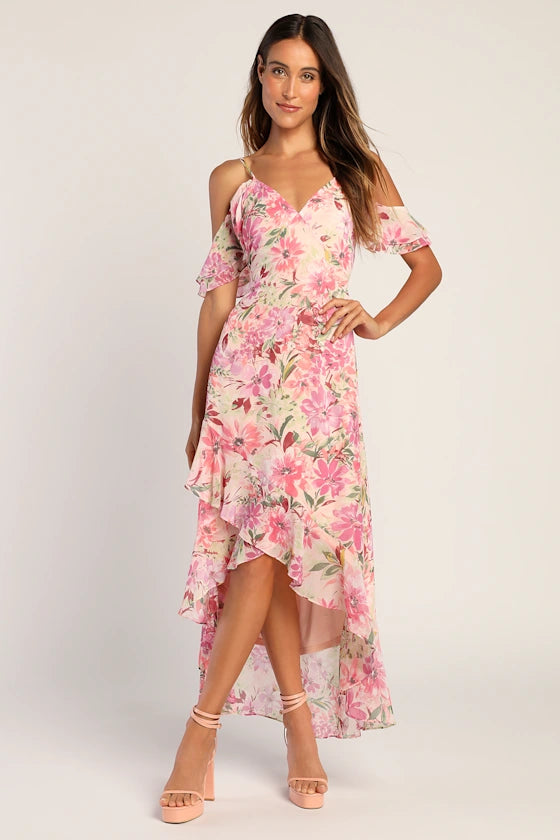 Romantic Floral Print Chiffon Maxi V-Neck Cold Shoulder Spaghetti Strap Ruffle Detail High-Low Prom Dresses