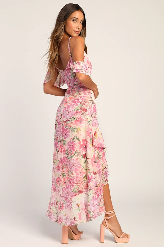 Romantic Floral Print Chiffon Maxi V-Neck Cold Shoulder Spaghetti Strap Ruffle Detail High-Low Prom Dresses