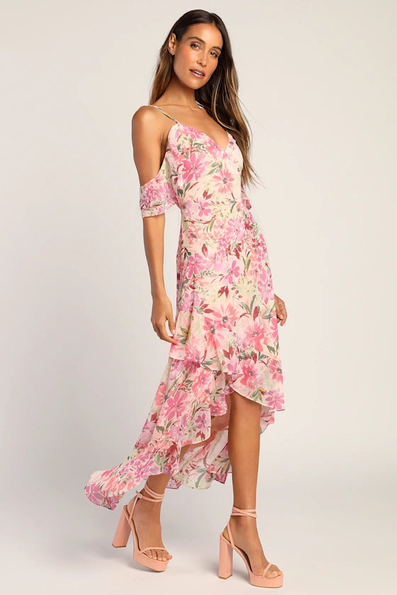 Romantic Floral Print Chiffon Maxi V-Neck Cold Shoulder Spaghetti Strap Ruffle Detail High-Low Prom Dresses