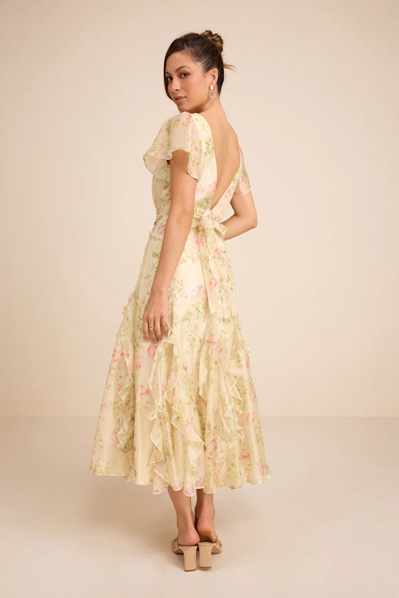 Romantic Floral Print Chiffon Midi V-Neck Flutter Sleeve Open Back Tie Detail Prom Dresses