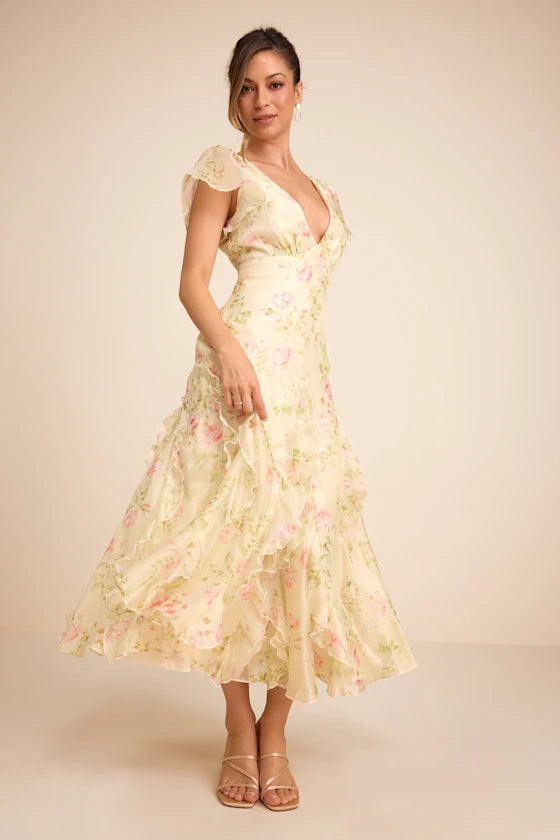 Romantic Floral Print Chiffon Midi V-Neck Flutter Sleeve Open Back Tie Detail Prom Dresses
