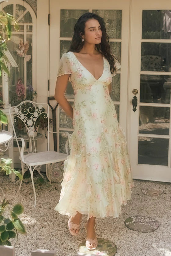 Romantic Floral Print Chiffon Midi V-Neck Flutter Sleeve Open Back Tie Detail Prom Dresses
