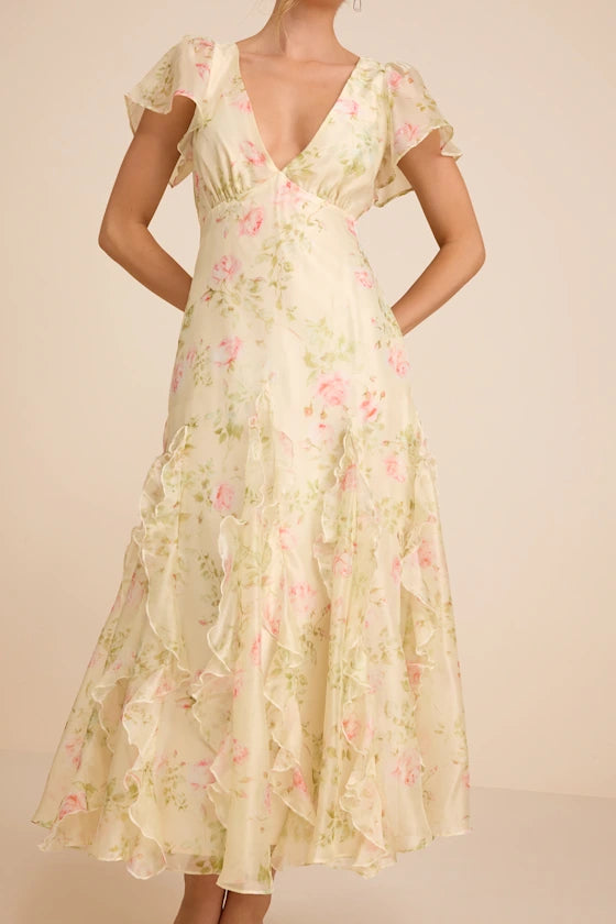Romantic Floral Print Chiffon Midi V-Neck Flutter Sleeve Open Back Tie Detail Prom Dresses